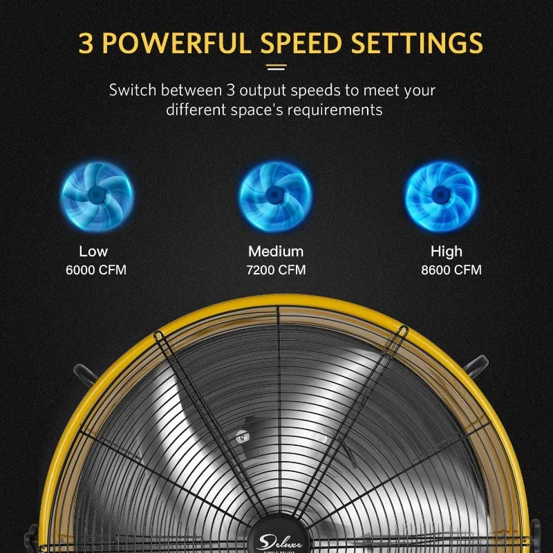 Prosty, 24-calowy, wytrzymały metalowy wentylator perkusyjny Deluxe, 3-biegowy wentylator podłogowy do magazynu, warsztatu, fabryki i piwnicy