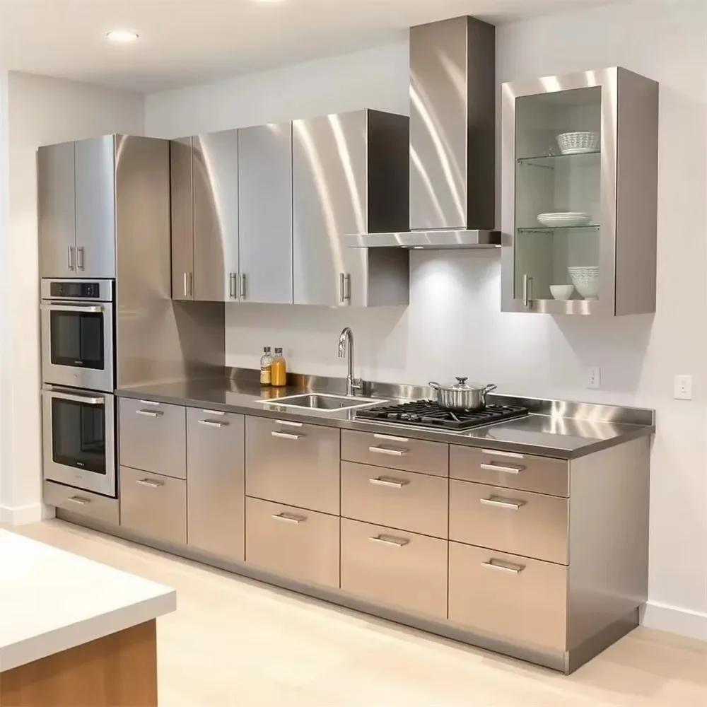 High-End Stainless Steel Kitchen Cabinet Rust-Proof Metal Texture Storage Moisture-Proof Modern Furniture for Home & Commercial