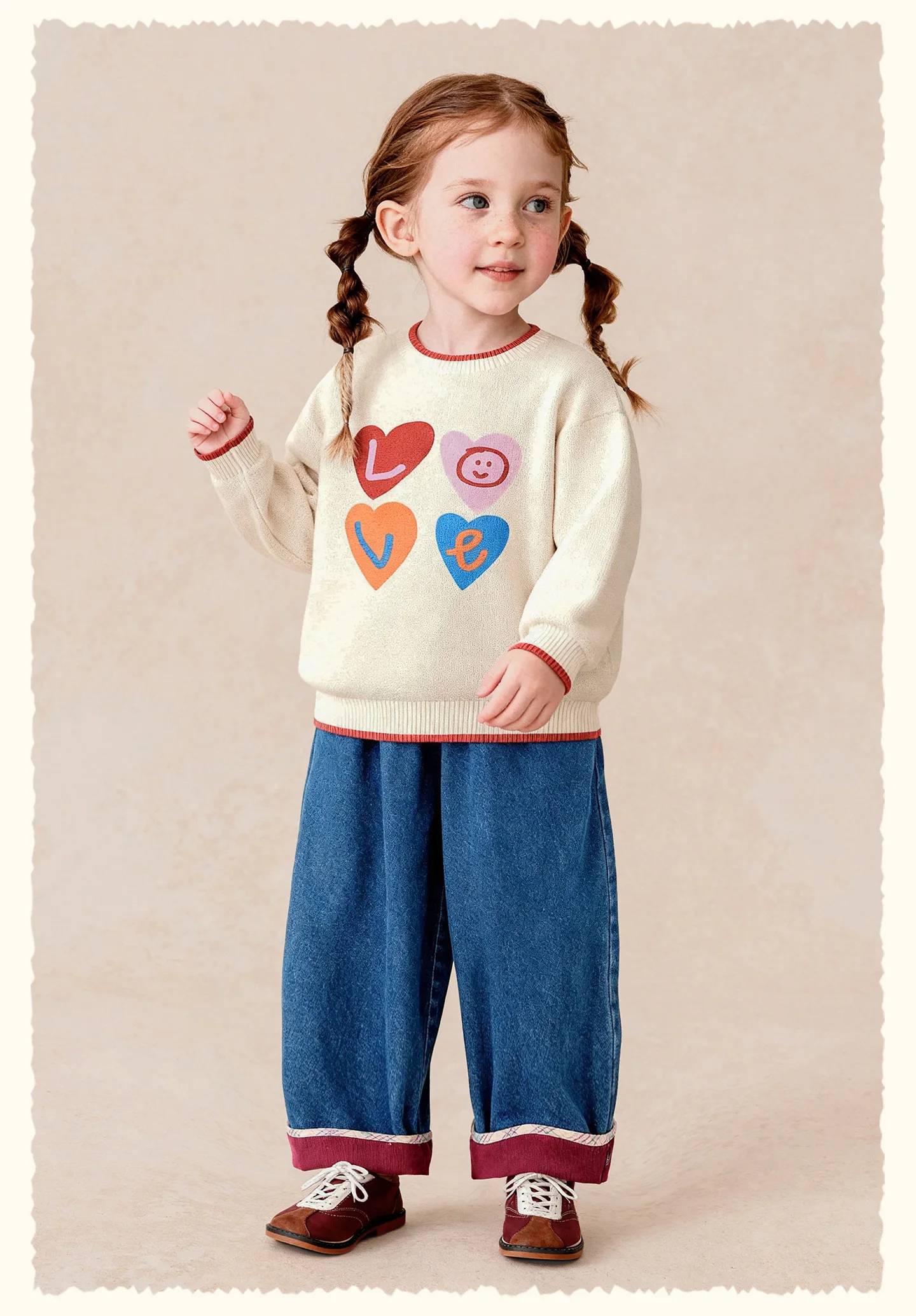 Amila 2026 Herbst Neue Kinder-Jeanshose mit Umschlagbündchen, Vintage-Waschung, gerolltem Saum, weitem Bein, weich, vielseitig für den Alltag – Detail 15