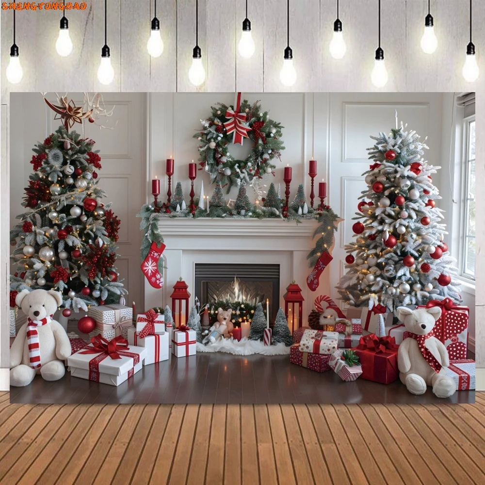 เตาผิงคริสต์มาสฉากหลัง Xmas Tree ของขวัญพวงหรีดหน้าต่างฉากภายในครอบครัวตกแต่งคริสต์มาสพื้นหลังการถ่ายภาพ