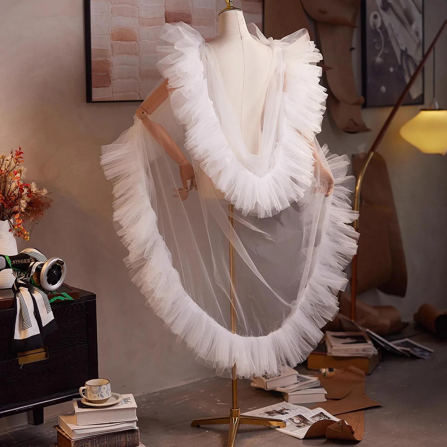 

Women's Spring Summer Long White Mesh Pashmina Female Performance Party Show Shawl Cloak Collar R3346