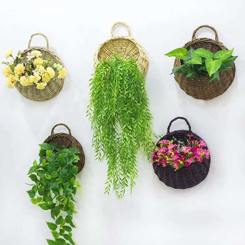 Hand Made Wicker Rattan Flower Planter Wall Hanging Wicker Rattam Basket Garden Vine Pot Plants Holder Garden Pots Wall Planter