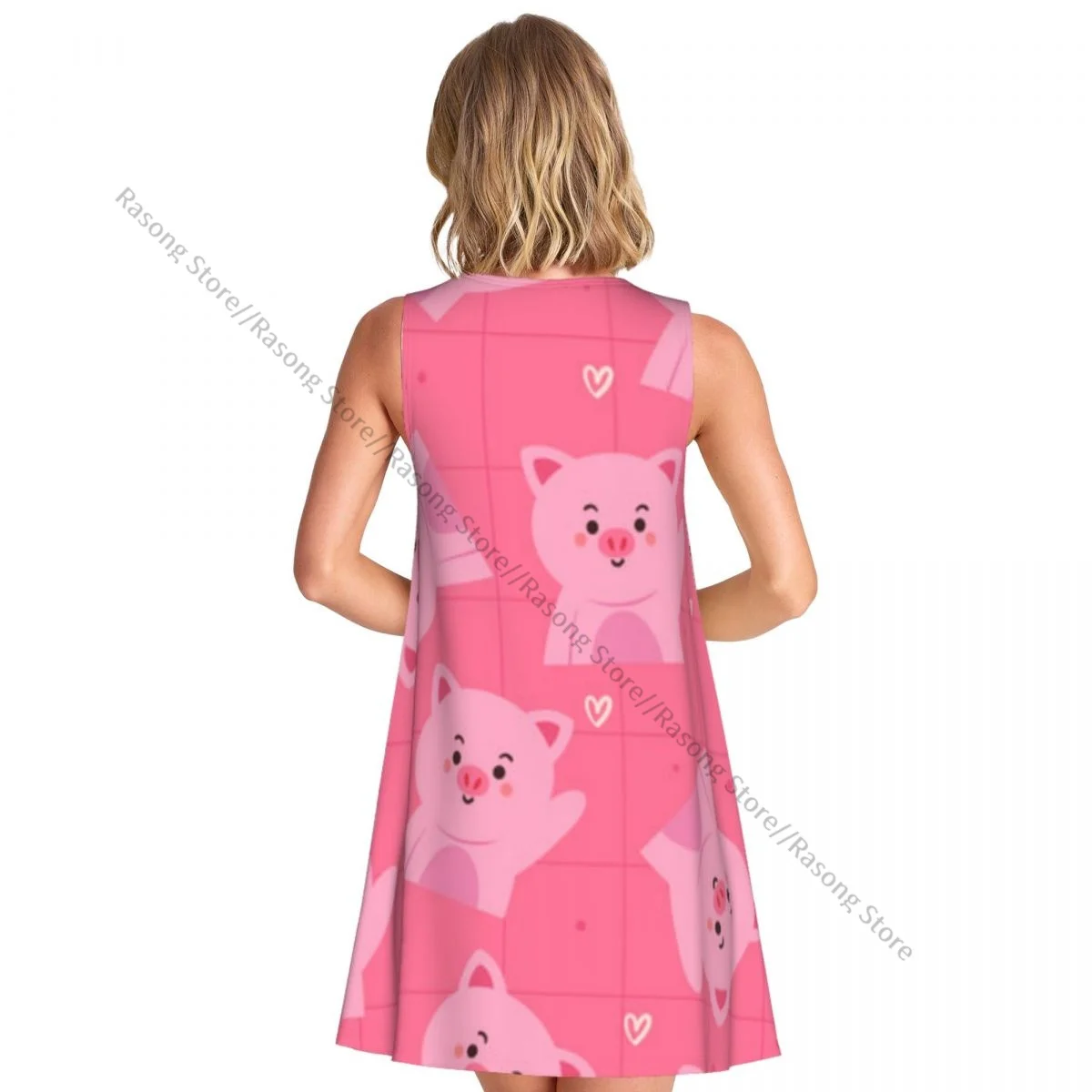 여성 의류 드레스 만화 돼지 핑크 배경 라운드 넥 민소매 길이 드레스