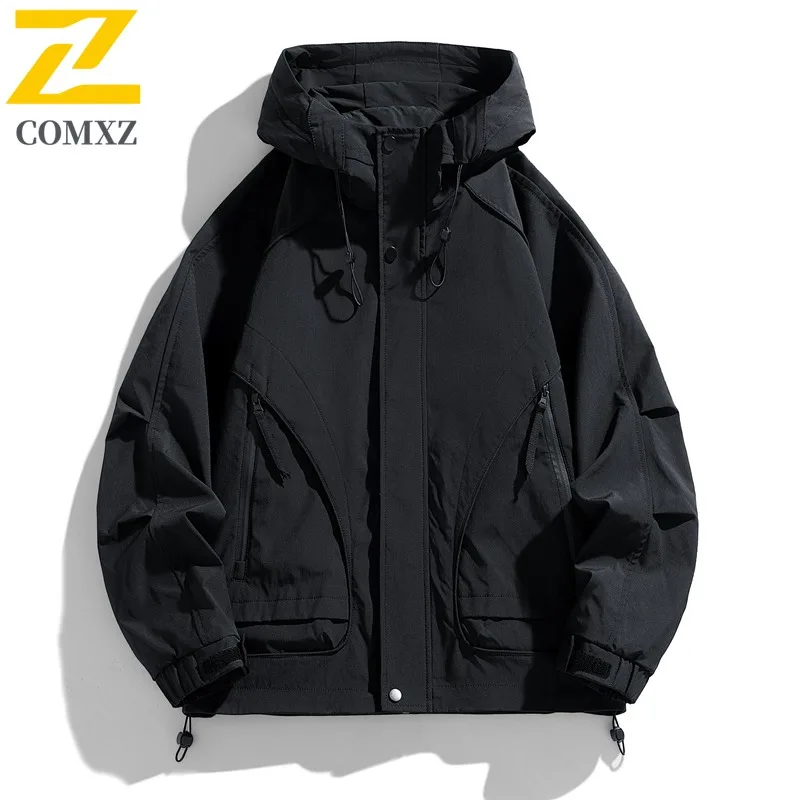 

COMXZ Мужская куртка однотонная 2025 с капюшоном для приключений на открытом воздухе, пешего туризма, кемпинга, альпинизма, охоты, ветровка, осеннее пальто