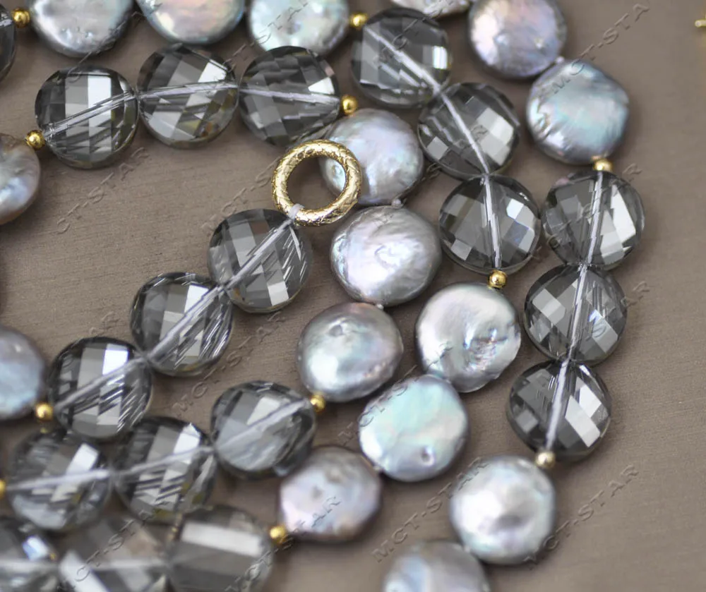 MTC·STAR 35" 15mm Gray Coin Freshwater Pearl Faceted Crystal Necklace Earring  (Z13231) view 4