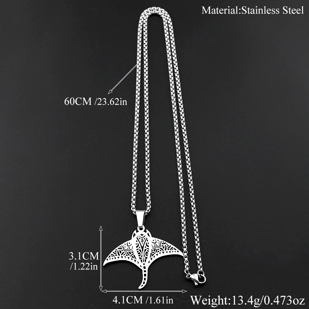 Manta Ray Polynesian Totem Kette für Damen und Herren, Edelstahl, silberfarben, Devil Ray, ethnische Halskette, Glanzfisch-Schmuck – Detail 3