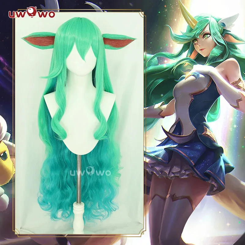 UWOWO Soraka شعر مستعار لعبة جامعة الأساطير/LOL: ستار جارديان Soraka SG شعر مستعار تأثيري مع الأذن الشعر الطويل الأخضر 100 سنتيمتر شعر مستعار