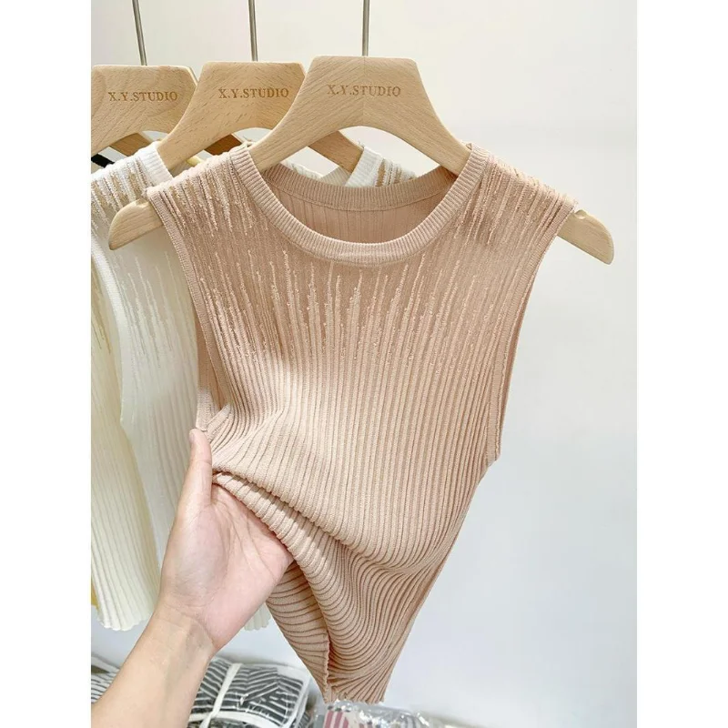 Mesh Patchwork Sleeveless Women Knitted Tank Top Fashion Pullover Bottoming Korean Female Clothing Summer New Solid Casual Tops