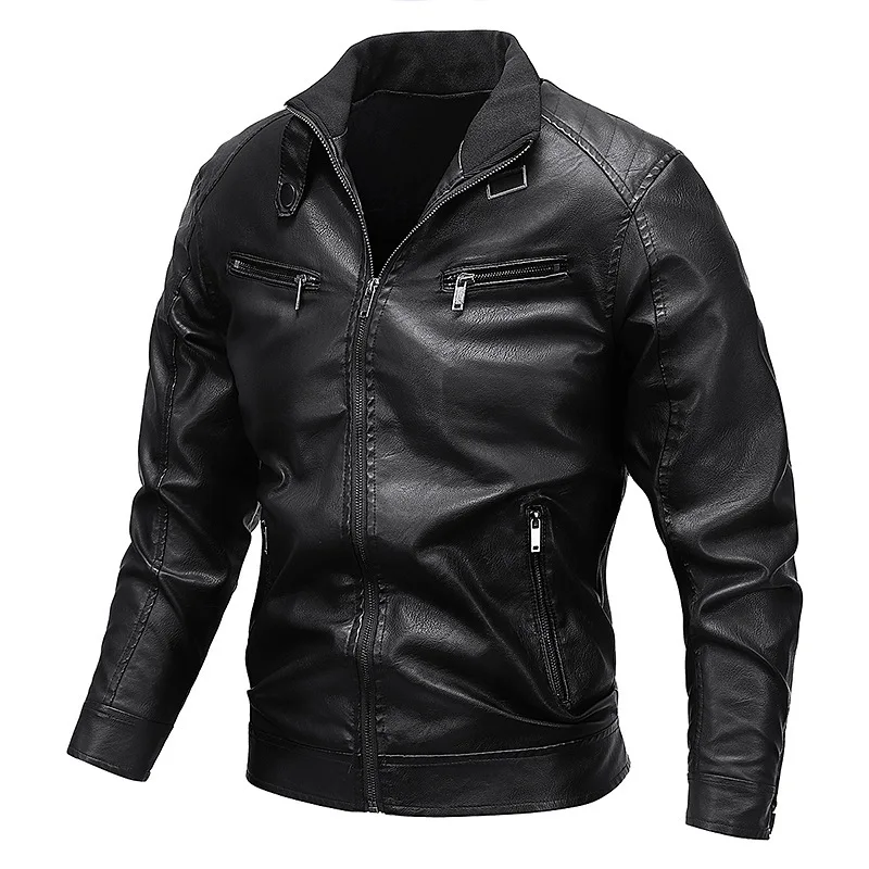 Autumn Winter Men Leather Coat Thicken Cold-proof Motorcycle Punk Man Outerwear Stand Collar Long Sleeve Zipper Male Jacket