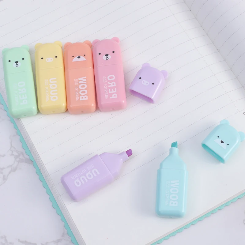 Cartoon Animais Highlighter, Macaron, Oblíqua Tip Marker, Caneta Fluorescente, 6pcs por conjunto