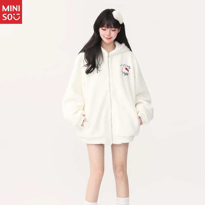 Miniso Cozy Hello Kitty Hooded Jacket, Cute Plush Fleece-Lined Winter Coat for Women