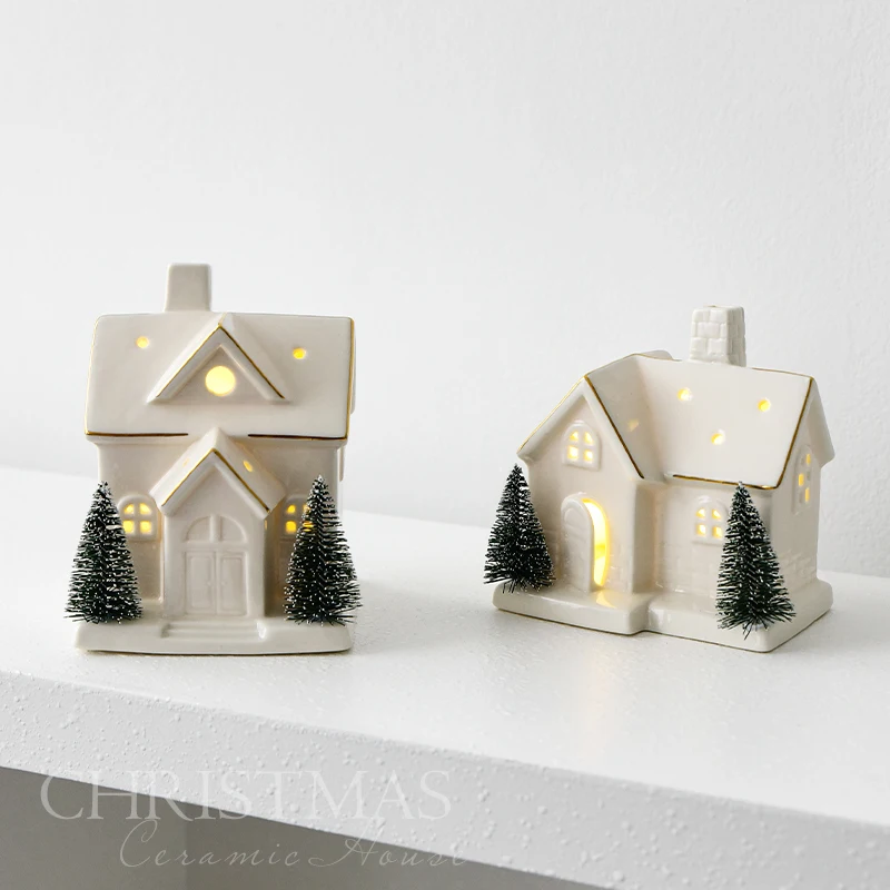 1 Stück Keramik-Leuchthaus Weihnachtsdekoration LED-Hütte Weihnachtsbaum Tischdekoration Feiertagsparty-Szene Deko Geschenk – Detail 3