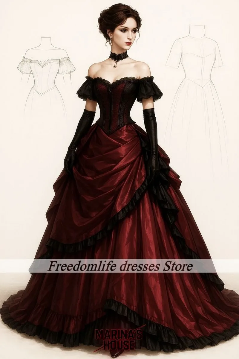 فساتين سهرة قوطية مذهلة بدون أكتاف مشد عنابي ماريا فساتين حفلات تنكرية على الطراز الفيكتوري مخصصة