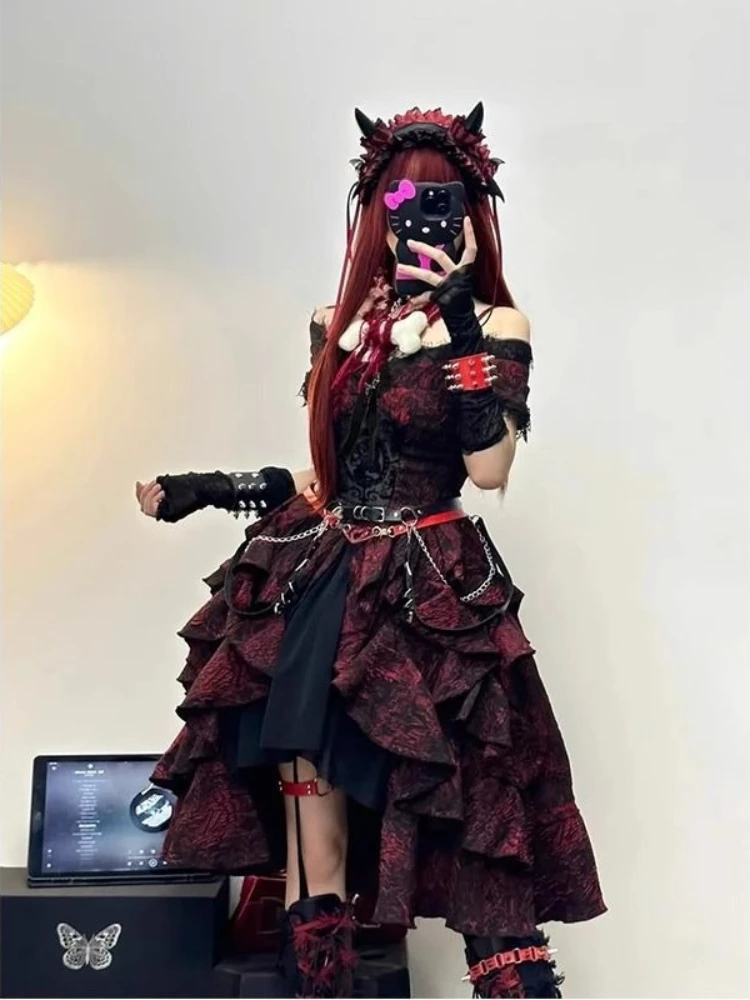 Gothic Lolita Dress Sexy Black Red Printed Studded Chain Off Shoulder Tiered Ruffle Slim Fit Women Girls Party Cosplay Clubwear - view 2