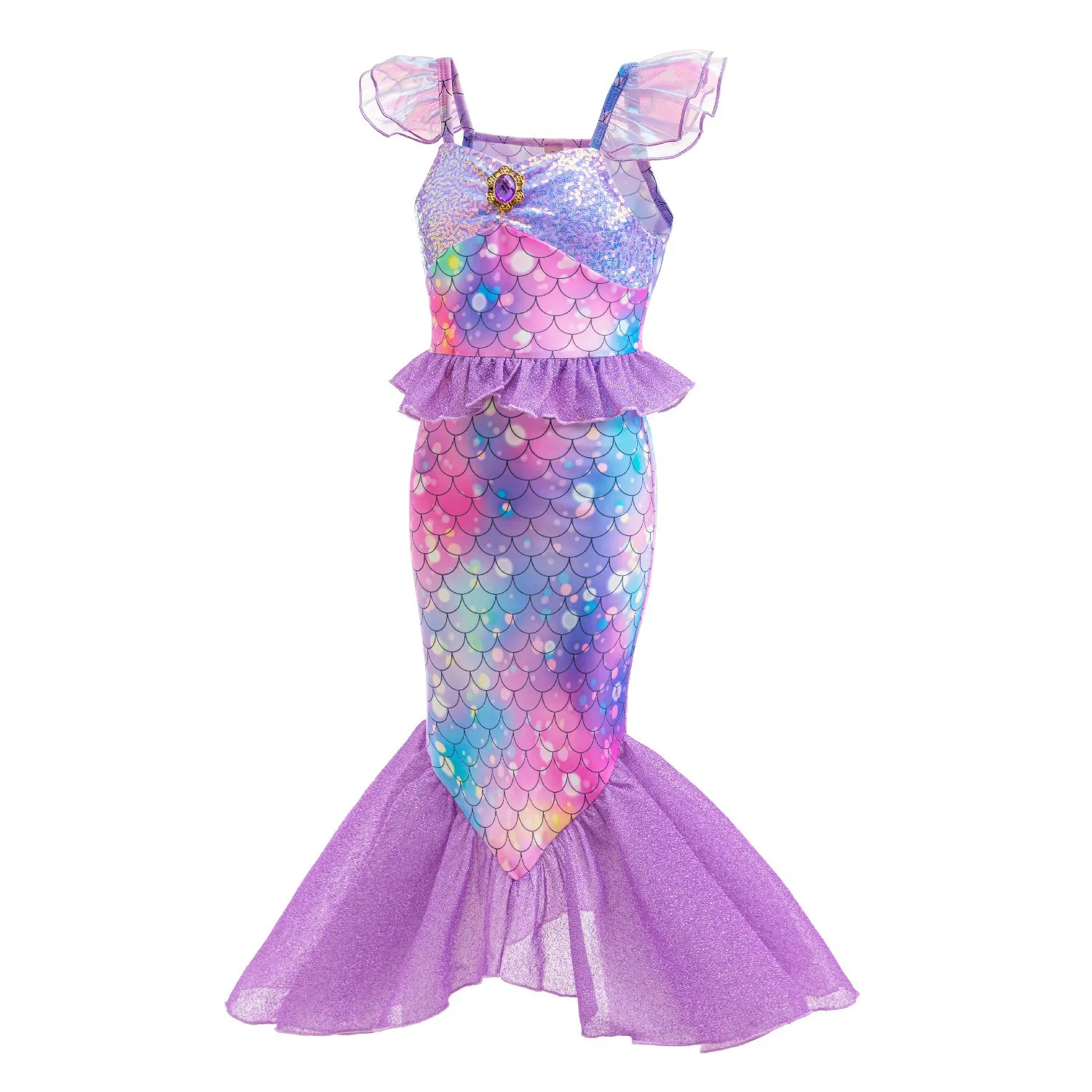 Mädchen Meerjungfrau Prinzessin Verkleidungskleid Ombre-Schuppen-Pailletten Meerjungfrauenschwanz-Kleid mit Accessoires für Kinder Halloween Cosplay Geburtstagsparty – Detail 3