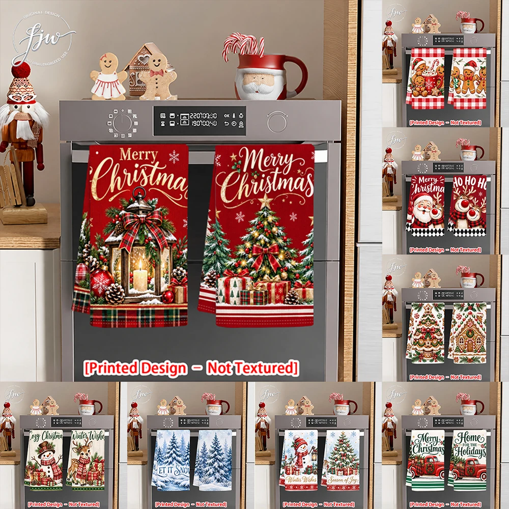 2pc Christmas Kitchen Towels Set Festive Xmas Dish Towels for Holiday Decor, Winter Farmhouse Hand Towels for Cooking & Baking