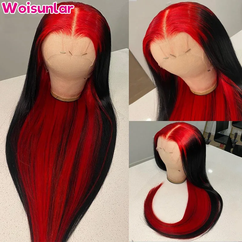 Red Ombre Highlight Colored Straight Lace Front Human Hair Wigs Red Black 13X4 transparent Lace Front Wig Remy Brazilian hair