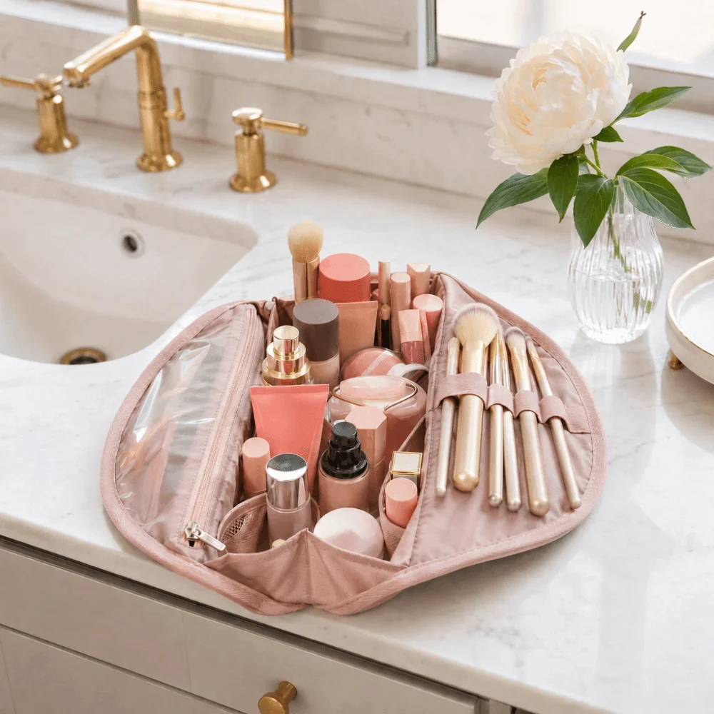 Foldable Travel Makeup Bag Multi-Compartment Mesh Pocket Toiletry Pouch Brush Holder Adjustable Dividers Makeup Organizer