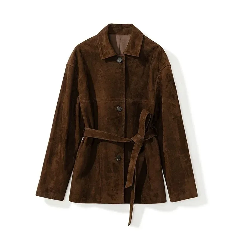 Giacca in pelle scamosciata per bambini retrò di fascia alta per donna Cappotto lungo monopetto con collo quadrato ramato con cinturino Capispalla femminile