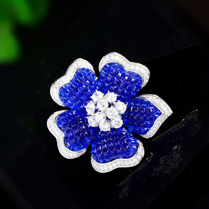 Beautiful Elegant Blue Glazed Flower Brooch Inlaid with Zircon High-grade Retro Clothing Accessories Holiday Gifts to Friends