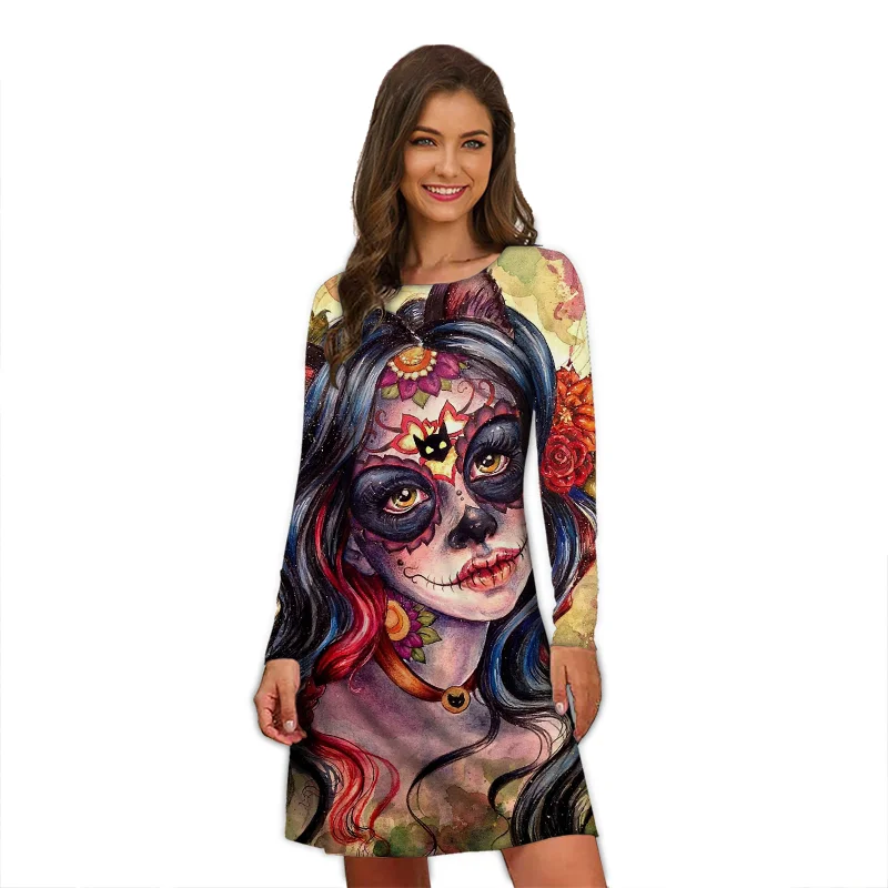 Mini vestido de festa de Halloween feminino, estampa caveira de horror engraçado, tamanho grande, streetwear casual, feminino, tendência, outono, inverno
