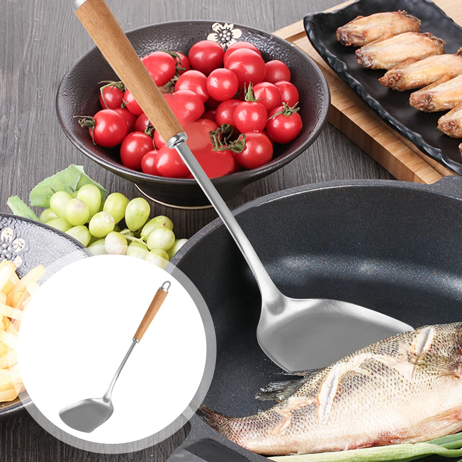 

1 шт., лопаточка для жарки из нержавеющей стали, длинная ручка, бытовая кухонная деревянная ручка, серебряный хаки, кухонный гаджет, инструмент для плиты для дома