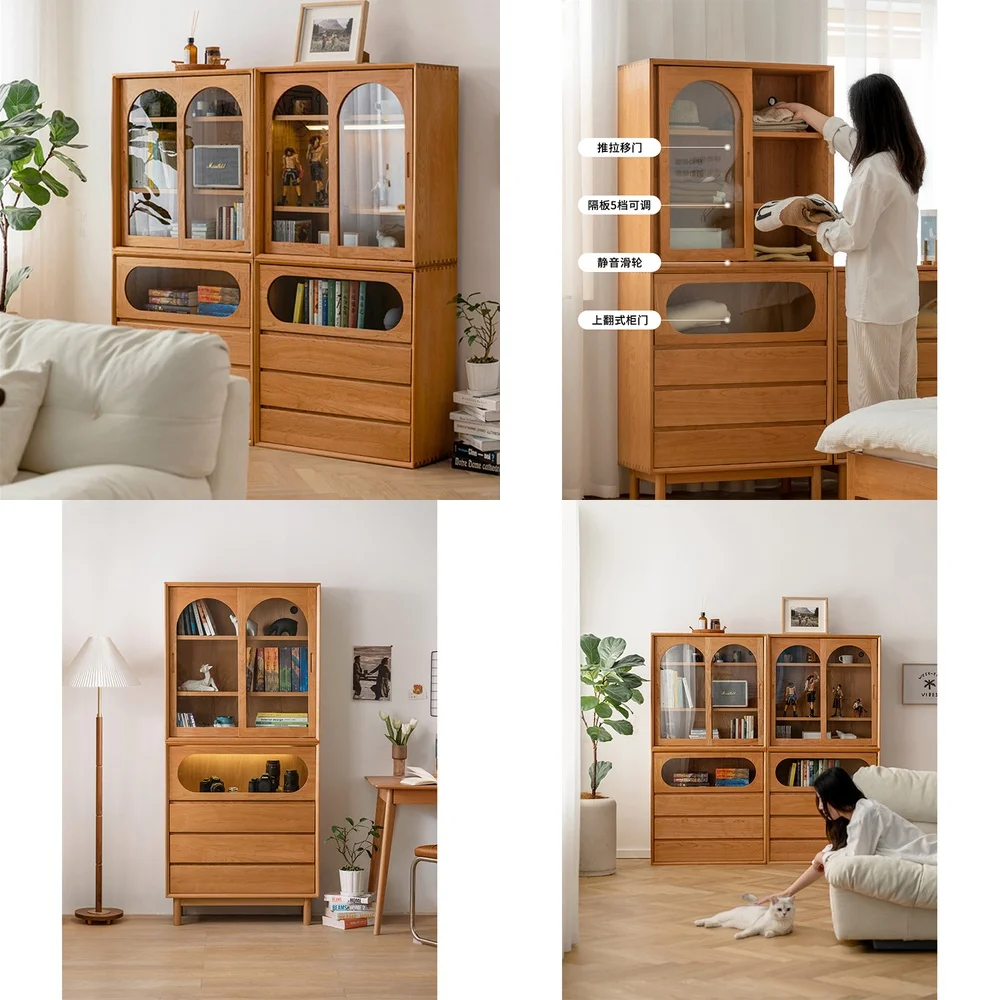 Japanese-style Solid Wood Combination Bookcase for Living Room Bedroom Floor-to-Ceiling Storage Display Locker Cherry Wood