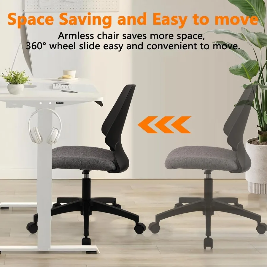 Armless Home Office Chair Ergonomic Small Desk Chair with Wheels and Soft Thick Upholstered Cushion Comfy Adjustable Height Swi