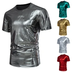 Summer New Men's Glossy Silver Gold Metal Night Club Prom T-shirt Casual Disco Party Shirt