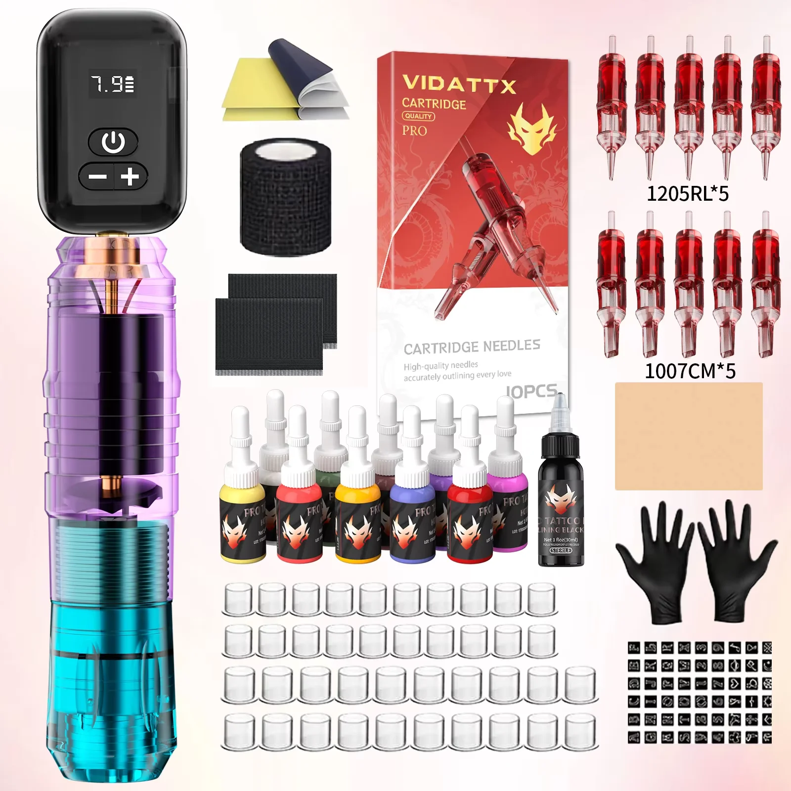 VIDATTX Tattoo Kit 10PCS Red Tattoo Needles Tattoo Pen Kit New Gradient Color Wireless Tattoo Power Supply Tattoo Machine Kit