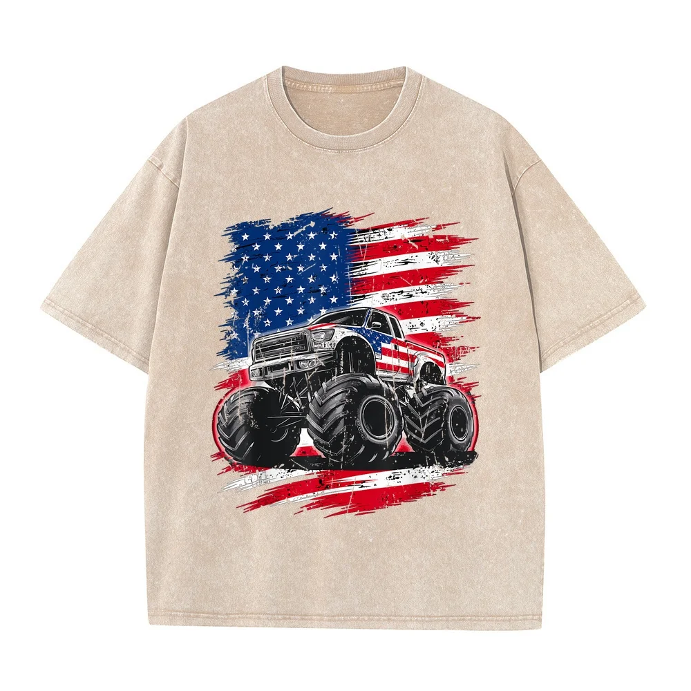 Monster Truck USA Flag American T-Shirt 한국인후기많은옷 Anime Shirt Blue 100 Cotton Tee Red Printed Graphic Patriotic T Men Round Neck