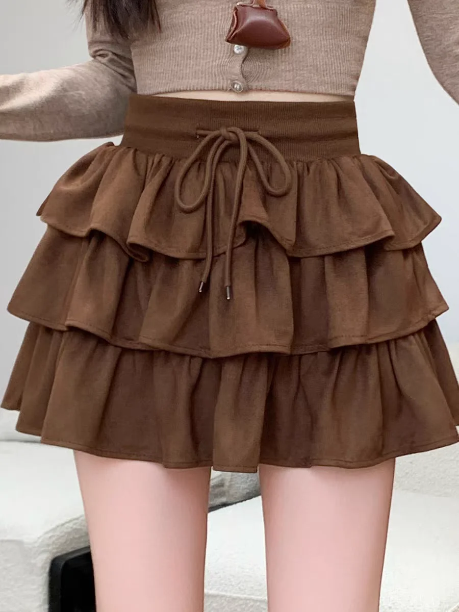 

Коричневая замшевая многослойная мини-юбка для женщин 2025: короткая юбка трапециевидной формы с высокой талией, кокетка-юбка на осень-зиму