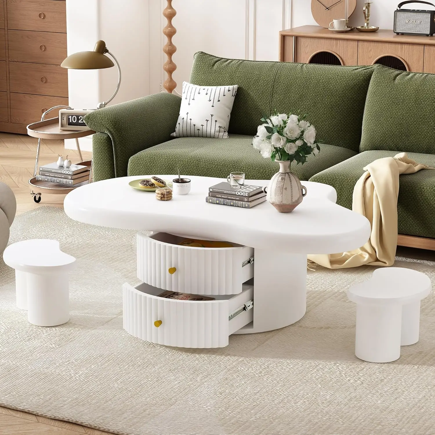 Coffee Table Set of 3, Irregular Shape Coffee Table with 2 Drawers, 2 Small Stools for Living Room, White