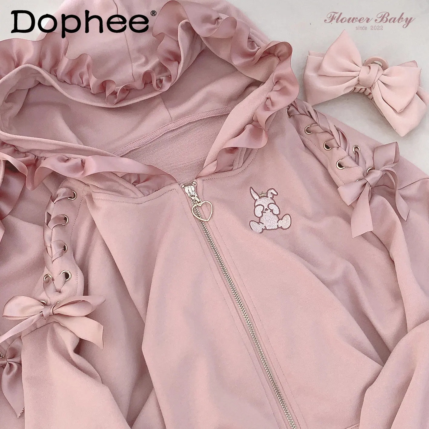 Japanese Lolita Hoodies Jacket Women Cute Lace-up Rabbit Ears Embroidery Loose Mine Hooded Sweatshirt Coat Spring Autumn Clothes