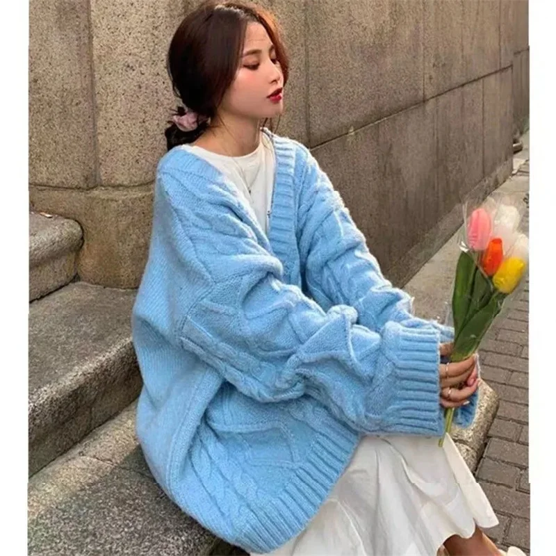 New Autumn Winter Korean Version Loose Thickened Fried Dough Twists Sweater Coat Women Fashion Knitting Cardigan Outer Wear Top