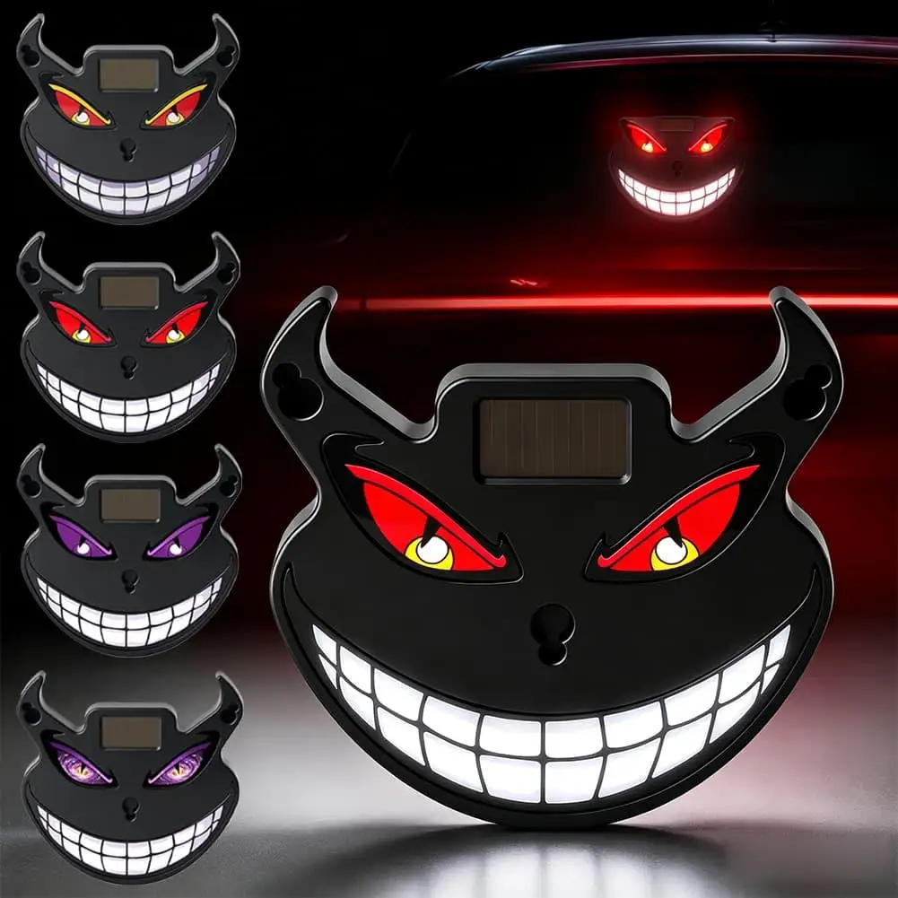 Solar Charging Devil Face LED Car Warning Light Waterproof Demon Smiling Lamp Auto Rear Atmosphere Decor Car Accessory