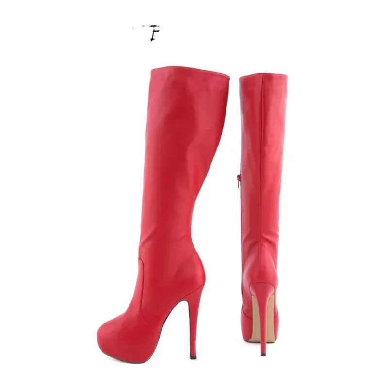 New Large Size Women Boots Autumn Winter Sexy 14cm Super High Heels Long Over Knee Long Boots Leather Round Toe Red Pumps Shoes