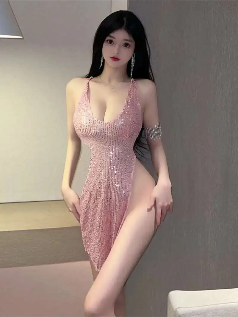 WOMENGAGA FairyชุดมินิOคอแฟชั่นเกาหลีใหม่เซ็กซี่สาวเลื่อม,สีชมพูBacklessชุด 2024 ใหม่WM5Z