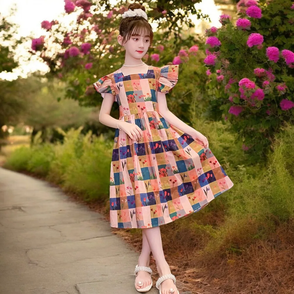 Teens Kids Lolita Dresses for Girls Outfits Short Sleeve School Plaid Dress Baby Summer Children Party Costumes 6 8 10 12 Years