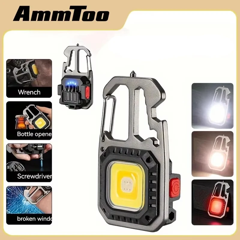 AmmToo Ultra Small Mini LED Portable Keychain Flashlight Outdoor Camping COB Work Light Emergency Lighting With Window Hammer