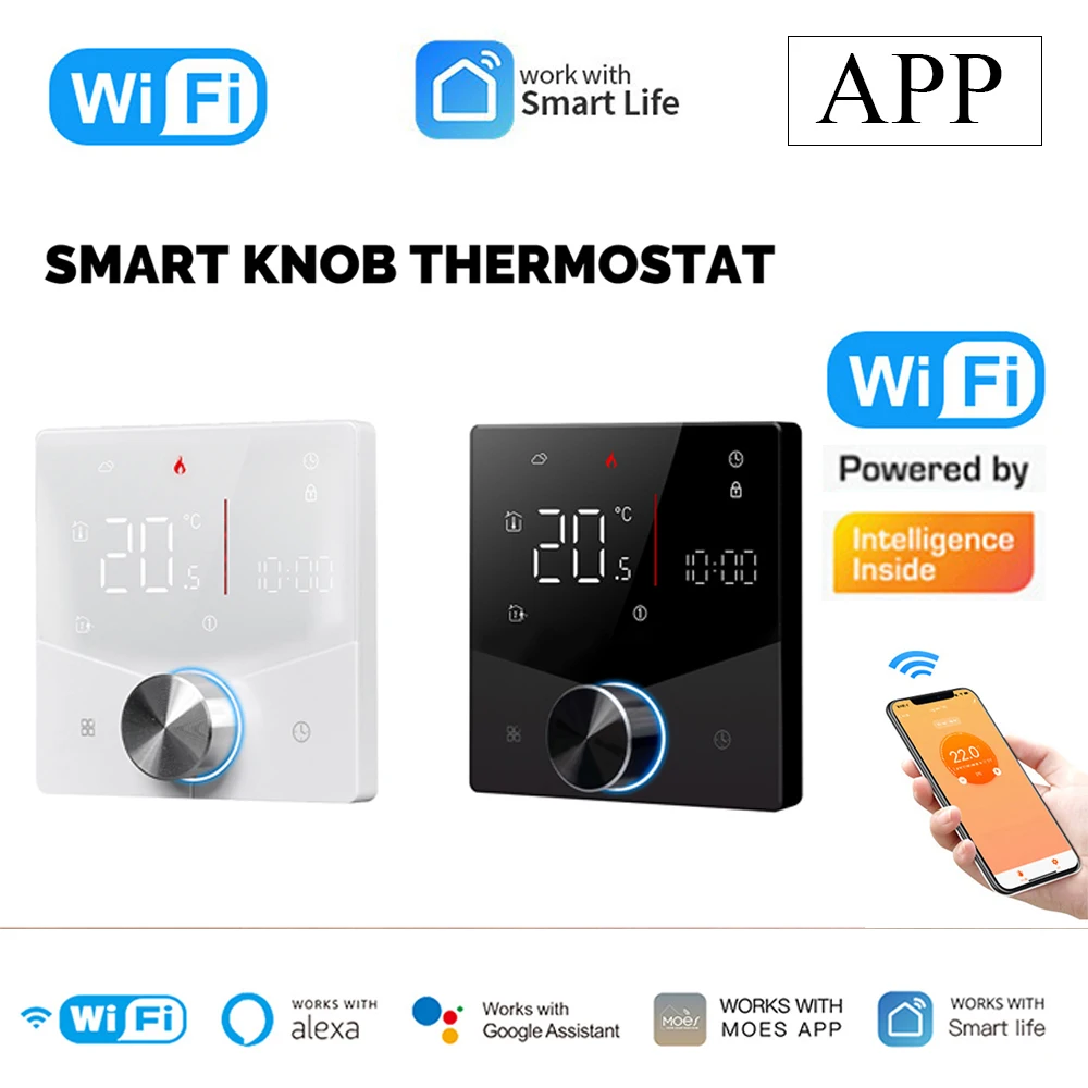 Thermostat de chauffage au sol à bouton intelligent WiFi, minuterie à télécommande, économie d\'énergie, affichage numérique, maison intelligente