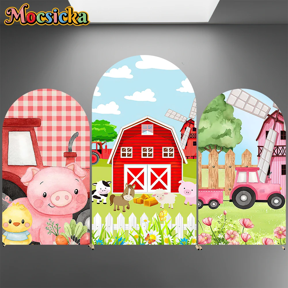 Mocsicka Farm Arch Backdrop Cover Double-Faced Birthday Arched Background Pink Tractor House Chicken Pig Party Photography Decor