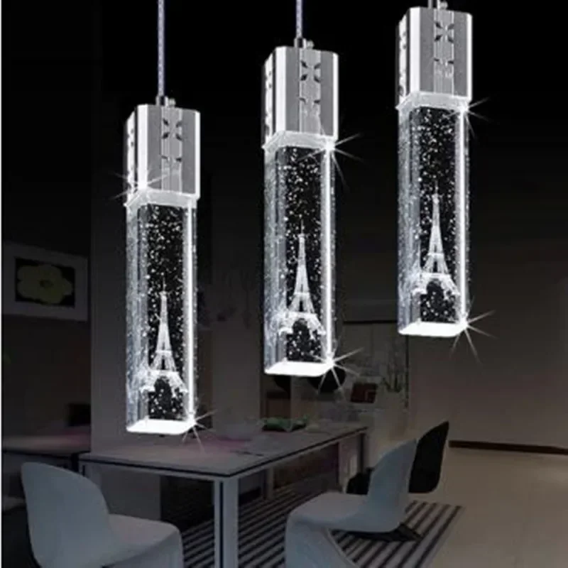 

Black/Sliver Base Clear Crystal Pendant Light 3 Head LED Lights Bubble Modern Column pendant Lamp Pyramid Transparent