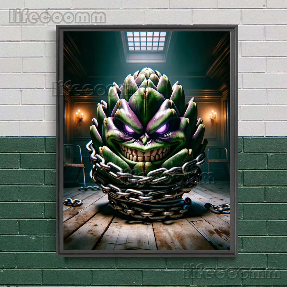 Vegetable Monster Trapped In Chains Abstract Art Poster And Print Cucumber And Eggplant Monster Horror Wall Art Print Decoration