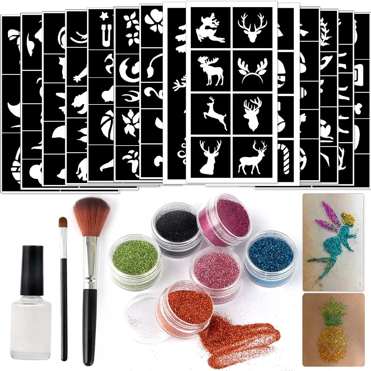 

Temporary Flash Tattoo Kit - 14 Hollow Tattoo Stencils for DIY Flash Tattoos, Unique Tattoo Stencil Set Suitable for Body and Face, Festival Parties, 2 Brushes, 1 Bottle of Body Paint, 6 Bottles of Metallic Glitter Colors for Body Art Makeup, Suitable for