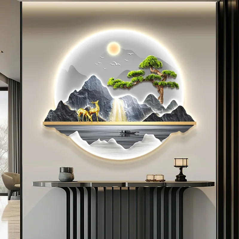 New Chinese Style Entrance Hall LED Light Painting - Wealth-Attracting Water Landscape & Corridor Welcome Pine LED Mural