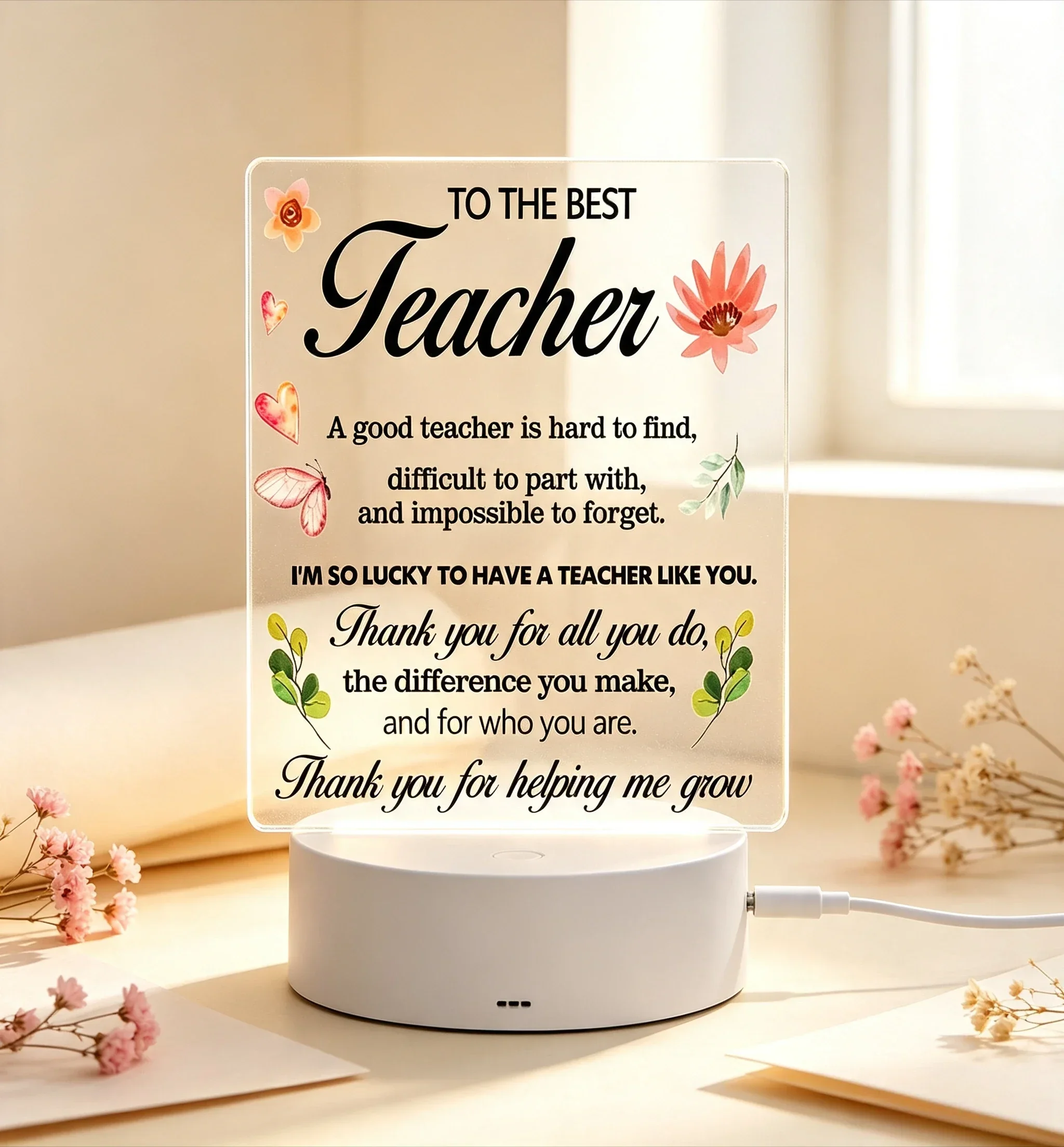 Floral Butterfly Teacher Appreciation Quote USB Acrylic Desk Lamp