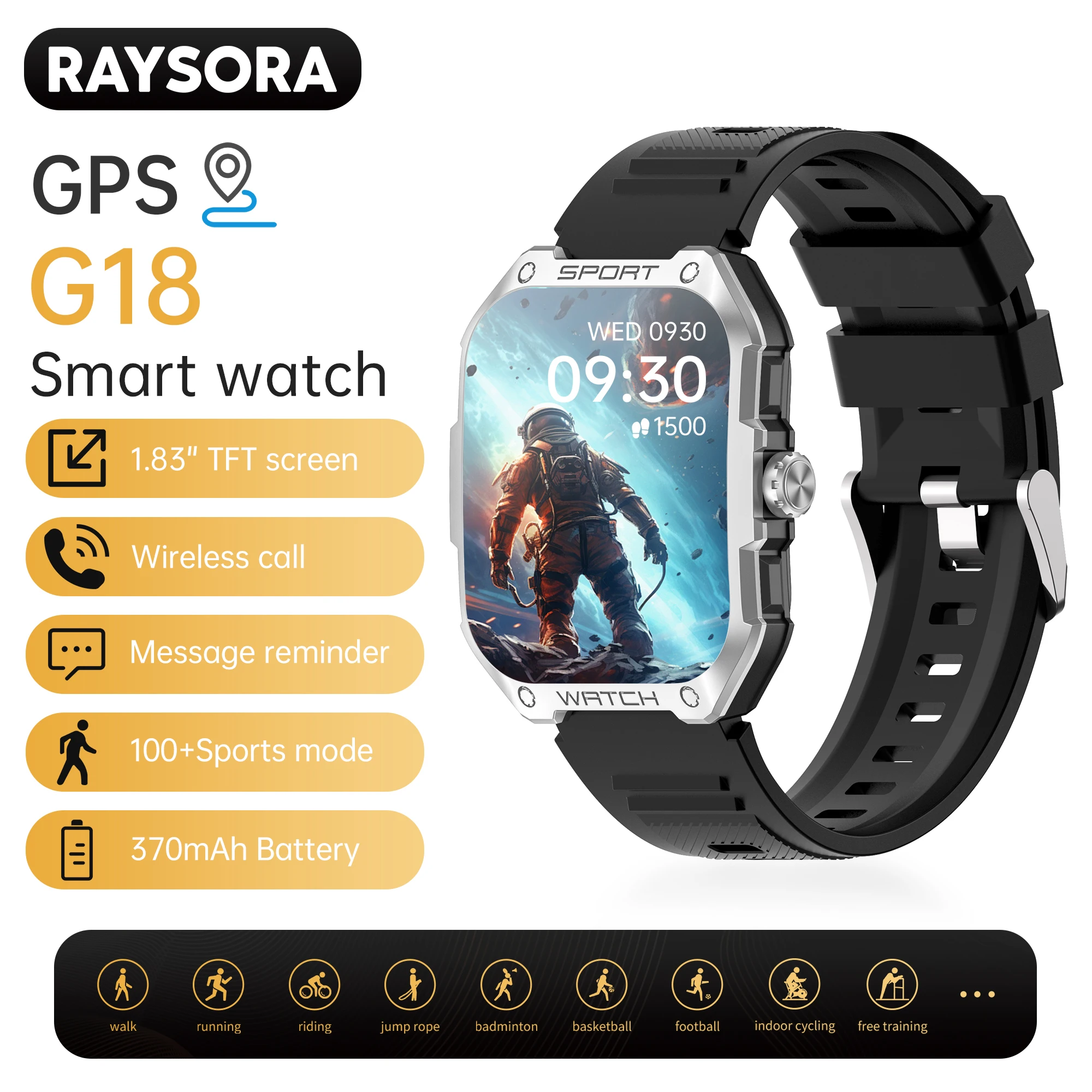 

Мужские умные часы RAYSORA, 1,83 дюйма, функция позиционирования GPS, аккумулятор 370 мАч, водонепроницаемость IP68, шагомер, спортивные часы с GPS