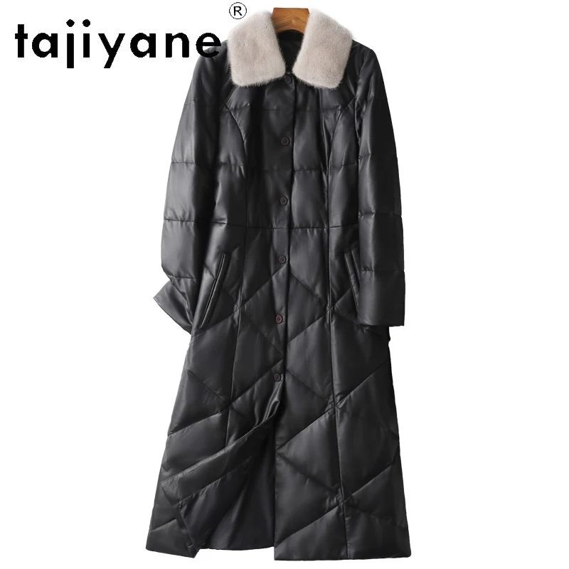 TAJIYANE 100% الطبقة الأولى من جلد الغنم أسفل معطف امرأة جلد طبيعي أسود طويل سترة منفوخة فرو المنك طوق 2025 ملابس الشتاء #1