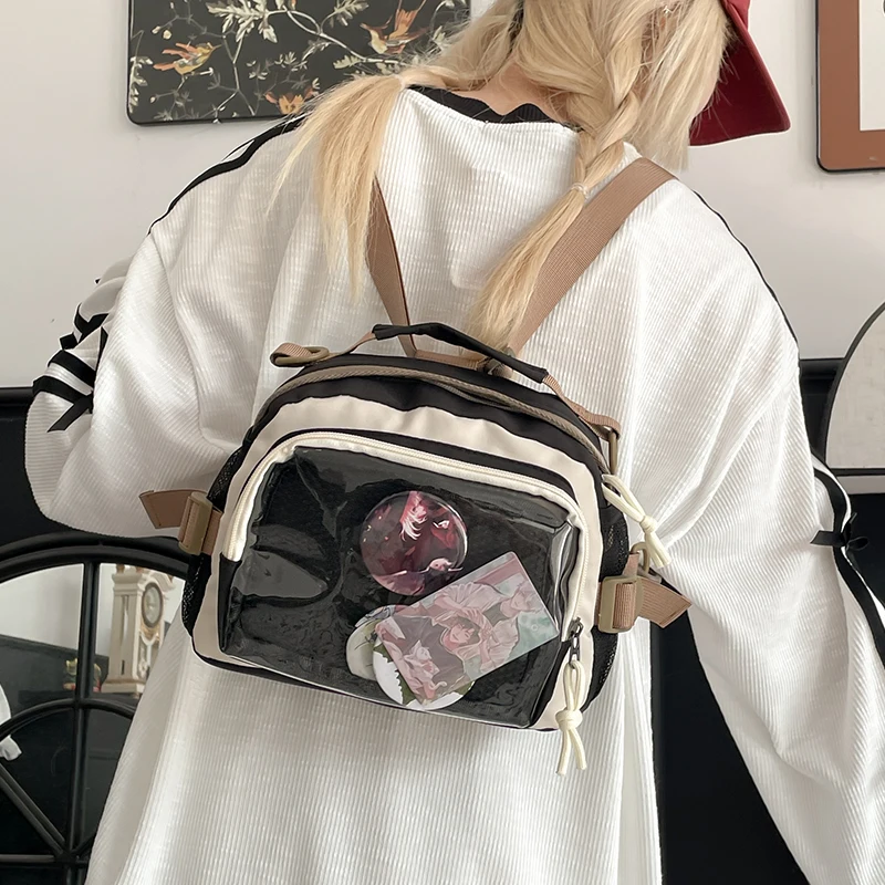 Patchwork Backpack Clear Badge Pocket Convertible Crossbody Strap Multi-Functional Anime Style Student Fashion Bag for Women